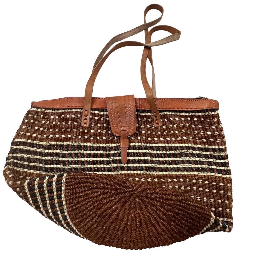 Handmade Woven Sisal Leather Tote Bag Brown Striped Boho Kiondo Shoulder Bag - Picture 4 of 8